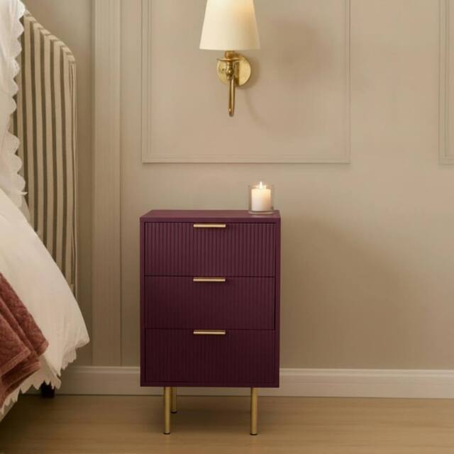 OHS Ribbed Bedside Table Modern Bedroom 3 Draw Office Nightstand in Dark Red - image 1