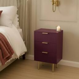OHS Ribbed Bedside Table Modern Bedroom 3 Draw Office Nightstand in Dark Red - thumbnail 2