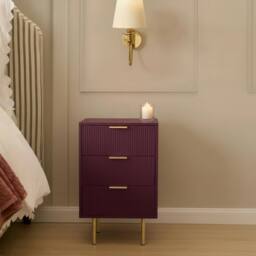OHS Ribbed Bedside Table Modern Bedroom 3 Draw Office Nightstand in Dark Red