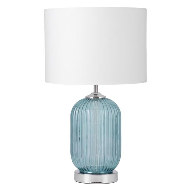 First Choice Lighting Turquoise Ribbed Glass Lamp with White Shade in Silver - image 1