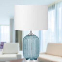 First Choice Lighting Turquoise Ribbed Glass Lamp with White Shade in Silver - thumbnail 4