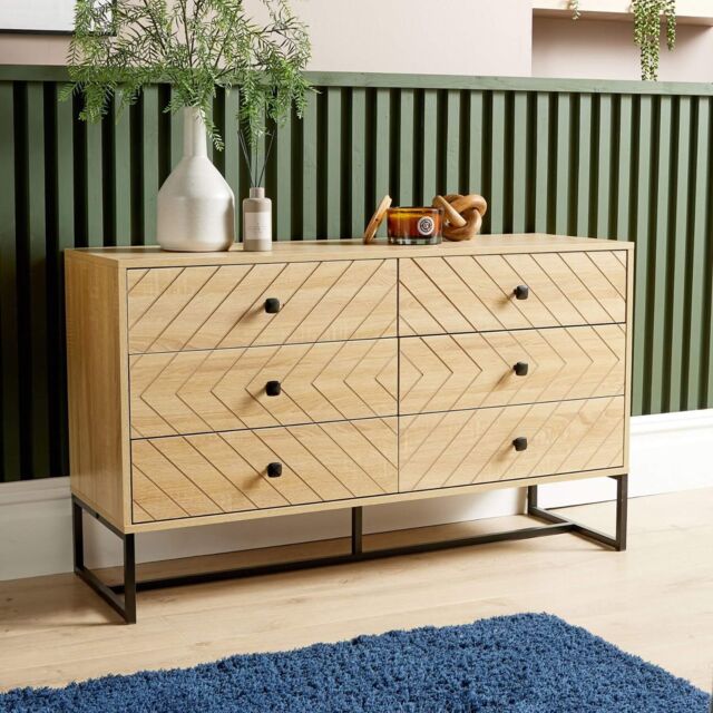 Home Source Chest 6 Drawers Aztec Design Oak Effect Metal Legs Bedroom Storage in Light Oak - image 1