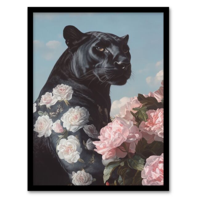 "Artery8 Black Panther White Pink Roses Floral Portrait Framed Art Print - Size: W12"" x H16""" - image 1