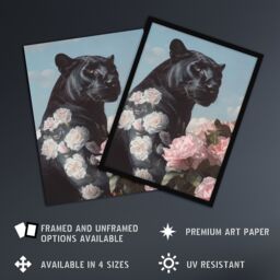 "Artery8 Black Panther White Pink Roses Floral Portrait Framed Art Print - Size: W12"" x H16""" - thumbnail 2