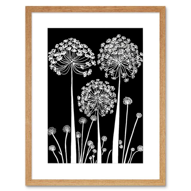 "Artery8 Wall Art Print Allium Flowers Black & White Contour Folk Artwork Framed 9X7 Inch in Beige - Size: W7"" x H9""" - image 1