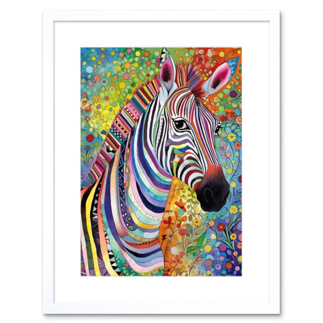 "Artery8 Wall Art Print Folk Art Zebra Colourful Flower Boho Artwork Framed 9X7 Inch in White - Size: W7"" x H9""" - image 1