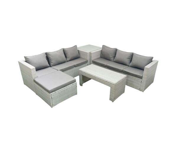 Fimous 7 Seater Garden Outdoor Rattan Furniture Set Rattan Garden Sofa Oblong Coffee Table with Big Footstool Side Table Light Grey Mixed - image 1