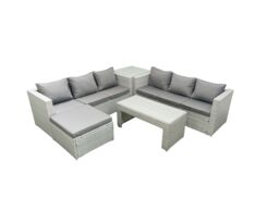 Fimous 7 Seater Garden Outdoor Rattan Furniture Set Rattan Garden Sofa Oblong Coffee Table with Big Footstool Side Table Light Grey Mixed - thumbnail 1