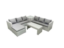 Fimous 7 Seater Garden Outdoor Rattan Furniture Set Rattan Garden Sofa Oblong Coffee Table with Big Footstool Side Table Light Grey Mixed - thumbnail 2