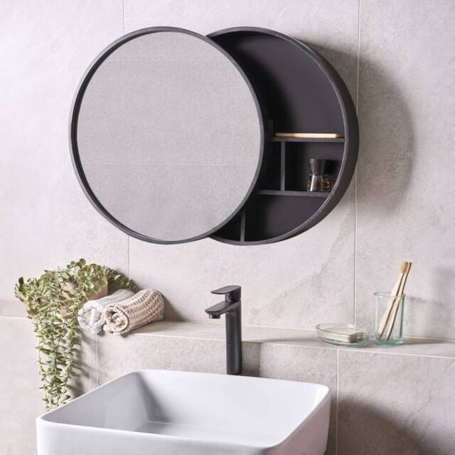 Wyld and Coco Bamboo Wall Mirror Cabinet Black 50 x 50 cm Sliding Door - image 1