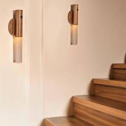OHS 2 x Sensor Wall Lights LED Cordless Rechargeable Hallway Night Light in Walnut - thumbnail 1
