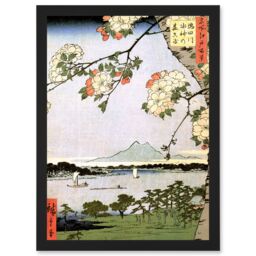 Artery8 Painting Japan Woodblock Cherry Blossom Landscape A4 Artwork Framed Wall Art Print in Black - thumbnail 1