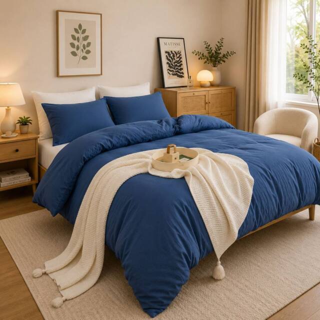 Grace Prewashed Microfibre Duvet Cover Set Soft Lightweight Zipper Closure in Navy - Size: Double - image 1