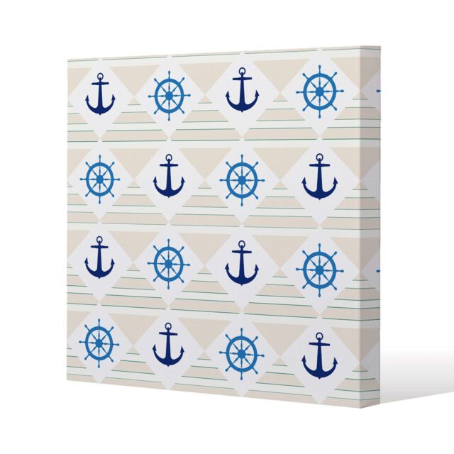 Benjamin Tate Design Nautical Elements on Striped Background (Canvas Print) / 61 x 61 x 4cm in Natural - Size: 61 x 61 x 4 cm - image 1