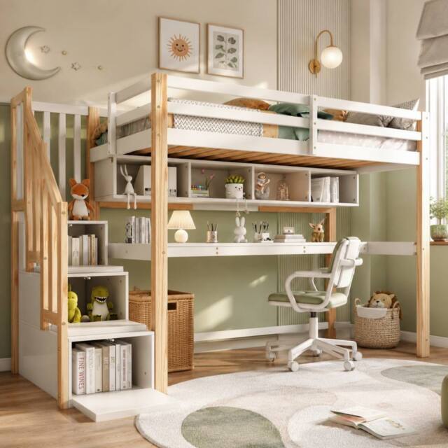 Rolipo Pine Wood House Loft Bed with Desk & Storage Stairs, 90x190cm, White - Size: Double - image 1
