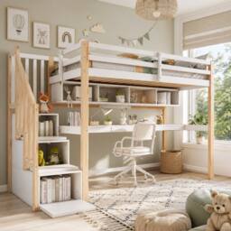 Rolipo Pine Wood House Loft Bed with Desk & Storage Stairs, 90x190cm, White - Size: Double - thumbnail 3