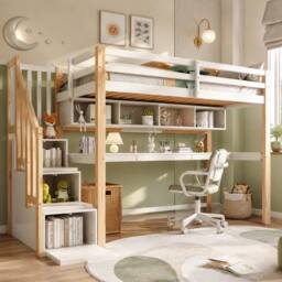 Rolipo Pine Wood House Loft Bed with Desk & Storage Stairs, 90x190cm, White - Size: Double
