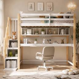 Rolipo Pine Wood House Loft Bed with Desk & Storage Stairs, 90x190cm, White - Size: Double - thumbnail 4