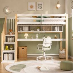 Rolipo Pine Wood House Loft Bed with Desk & Storage Stairs, 90x190cm, White - Size: Double - thumbnail 2