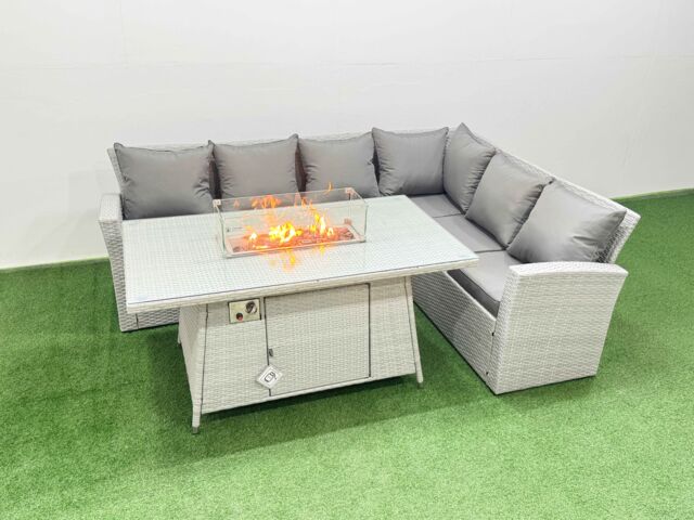 Fimous 6 Seat Rattan Garden Furniture Corner Sofa Set Gas Firepit Table Set in Light Grey - image 1