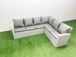 Fimous 6 Seat Rattan Garden Furniture Corner Sofa Set Gas Firepit Table Set in Light Grey - thumbnail 4