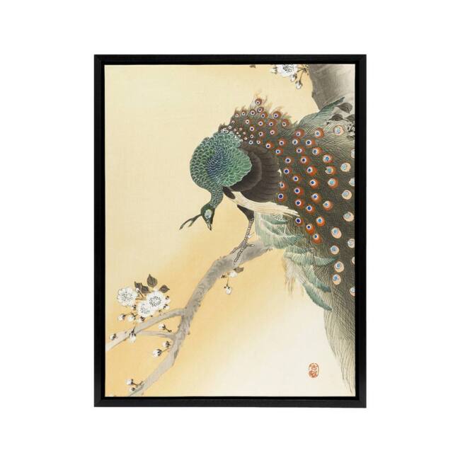 "Artery8 Peacock On A Cherry Blossom Tree Framed Canvas Wall Art Print Koson in Orange - Size: W12"" x H16""" - image 1