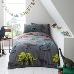 Smart Living Kids Printed Polycotton Duvet Cover or Fitted Sheet With Pillowcases - Dino Friends in Grey - Size: Single Fitted - thumbnail 1