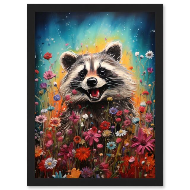 Artery8 Wall Art Print Gleeful Racoon Quirky Portrait Spring Makes Everything Better Oil Painting Kids Bedroom Blooming Wildflower Meadow Artwork - image 1