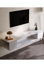 H&O Direct Modern Style Wall Mounted Floating TV Stand TV Unit Cabinet Shelf in White - thumbnail 2