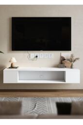 H&O Direct Modern Style Wall Mounted Floating TV Stand TV Unit Cabinet Shelf in White