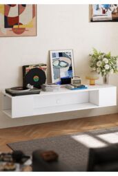 H&O Direct Modern Style Wall Mounted Floating TV Stand TV Unit Cabinet Shelf in White - thumbnail 3