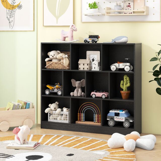 Costway 10-Cube Bookshelf 3-Tier Wood Display Shelf 120cm Storage Organizer in Black - image 1