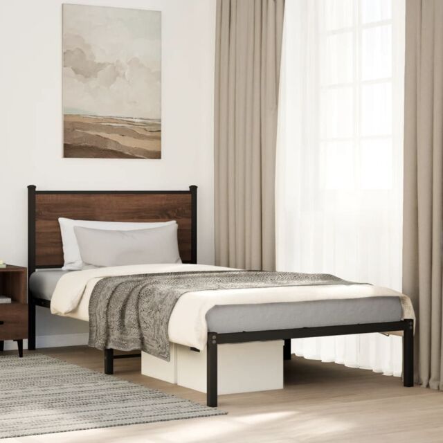 Berkfield Home Metal Bed Frame without Mattress Brown Oak 100x190 cm - image 1
