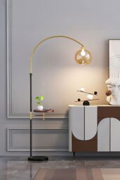 Living and Home Modern Adjustable Arc Floor Lamp with Wood Tray in Black