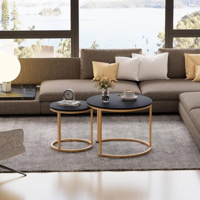 Huhote Round Nesting Side End Table 2 Set Coffee Tables Metal Frame for Home in Black - image 1