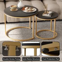 Huhote Round Nesting Side End Table 2 Set Coffee Tables Metal Frame for Home in Black - thumbnail 5
