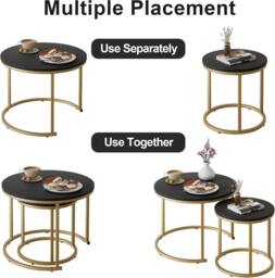 Huhote Round Nesting Side End Table 2 Set Coffee Tables Metal Frame for Home in Black - thumbnail 7