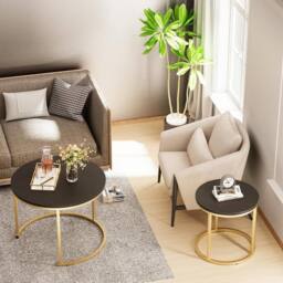 Huhote Round Nesting Side End Table 2 Set Coffee Tables Metal Frame for Home in Black - thumbnail 4
