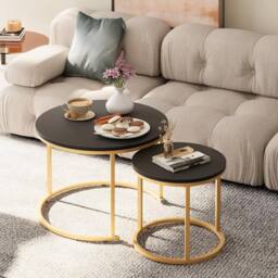 Huhote Round Nesting Side End Table 2 Set Coffee Tables Metal Frame for Home in Black - thumbnail 2
