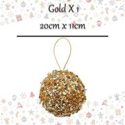 VFM e-Store Christmas Hanging Ball Decoration 20cm x 11cm Gold X 1 - Size: 20 cm x 11 cm - thumbnail 2
