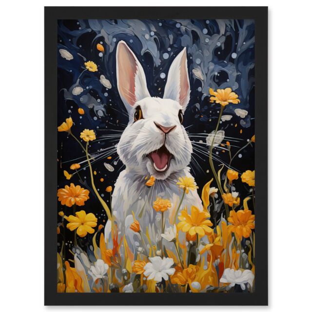 Artery8 Wall Art Print Moonlit White Rabbit Oil Painting Playing with Yellow Spring Flowers Mischief at Night Kids Bedroom Artwork Framed A4 in Black - image 1