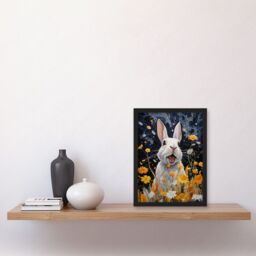 Artery8 Wall Art Print Moonlit White Rabbit Oil Painting Playing with Yellow Spring Flowers Mischief at Night Kids Bedroom Artwork Framed A4 in Black - thumbnail 2