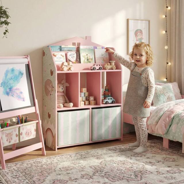 AIYAPLAY Kids Bookshelf with Storage, Toy Storage Unit for Playroom in Pink - image 1