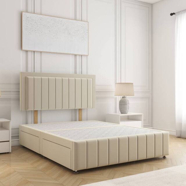 "BSSPOKE Sophia Divan Bed Plush 24"" Headboard 2Drawers Same Side No Mattress in Cream - Size: Small Double" - image 1