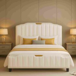 Furniture Maxi Men's Retro PU Leather Upholstered Bed Frame Double Bed Frame in Cream