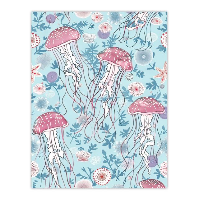 "Artery8 Underseas Jellyfish Flowers Baby Blue Pink Design Wall Art Print - Size: W24"" x H32""" - image 1
