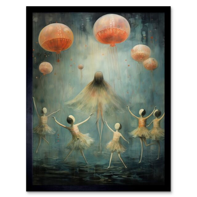 "Artery8 Wall Art Print The Jellyfish Ballet Whimsical Surreal Underwater Dance Artwork Art Framed in Black - Size: W12"" x H16""" - image 1