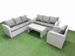 Fimous 7 Seater Poly Rattan Outdoor Garden Furniture Oblong Coffee Table Sofa Set Patio 3 Seater Sofa Reclining Chair 3 Seater Sofa Light Grey - thumbnail 2