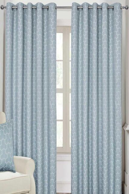 Homescapes Geometric Jacquard Blackout Eyelet Curtain Pair in Blue - Size: 167 cm width x 183 cm drop - image 1