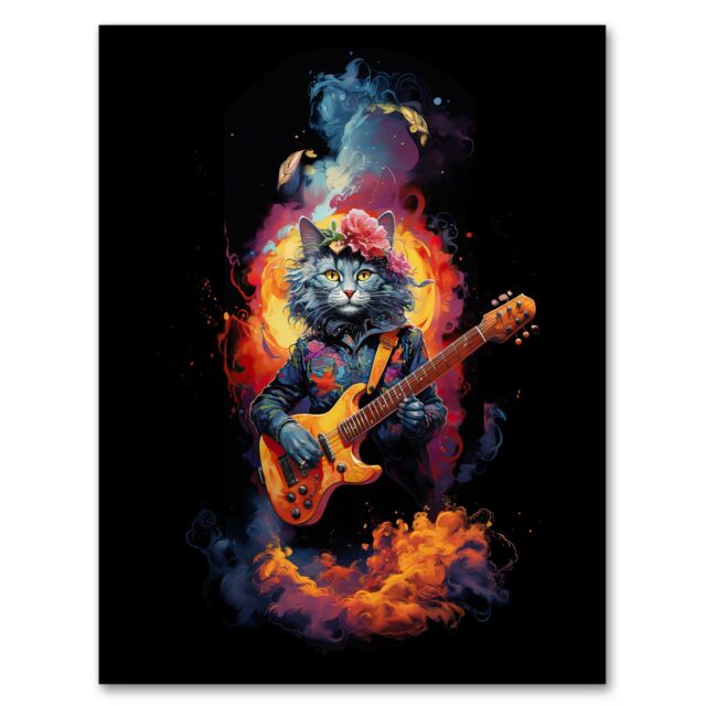 "Artery8 Wall Art Print Smelly Cat Lover Gift Pet Portrait with Guitar Conceptual Orange Blue Purple Artwork Painting Art Framed - Size: W12"" x H16""" - image 1